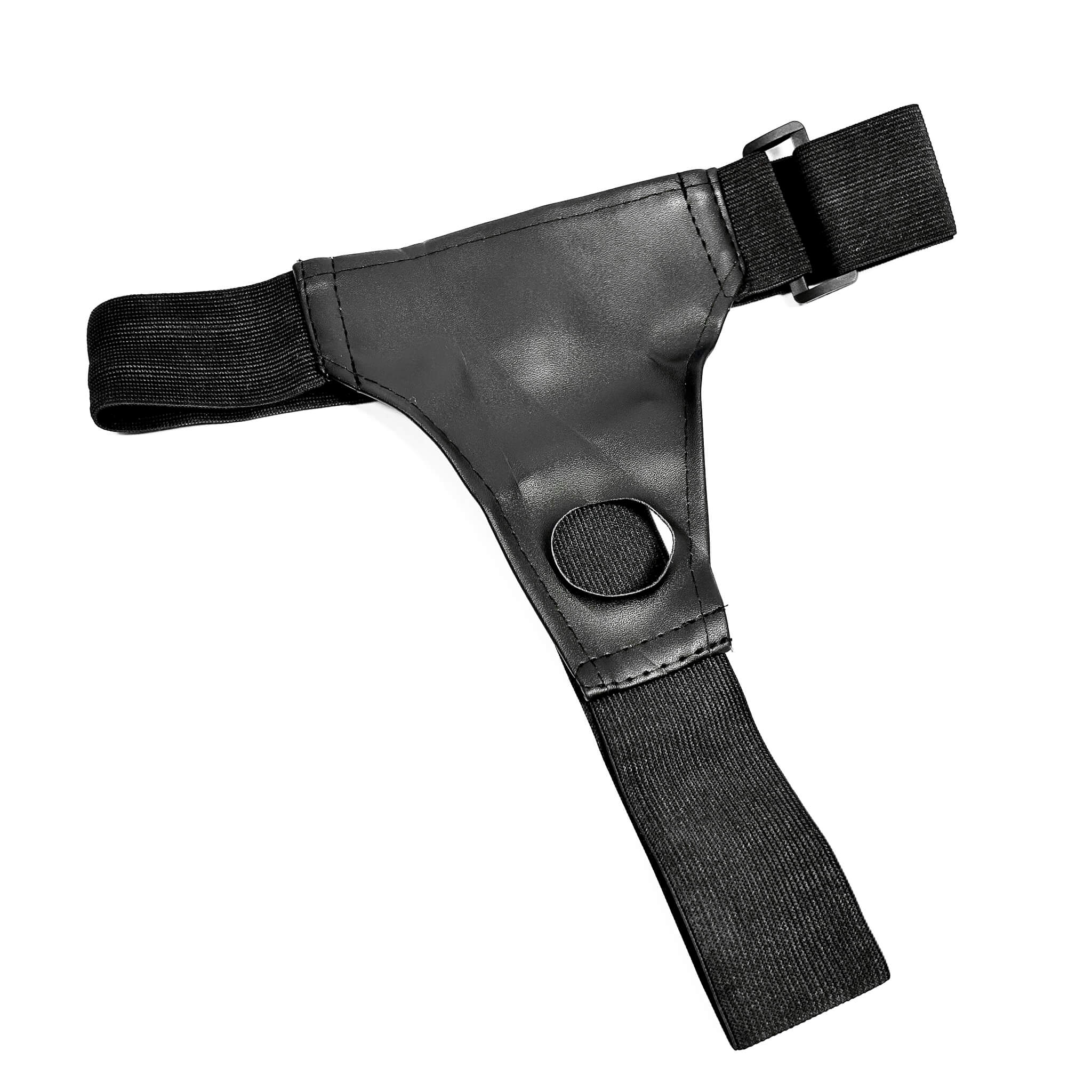 Black dildo harness with belt on a white background