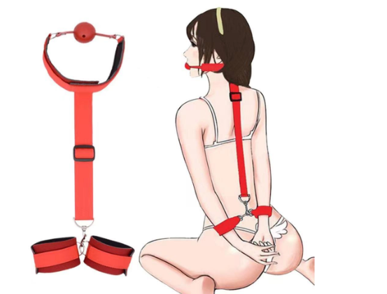 A red restraint harness set shown on a white background, including a top with a ball gag, two leg cuffs, and a line drawing of a woman demonstrating how the straps are worn and connected.