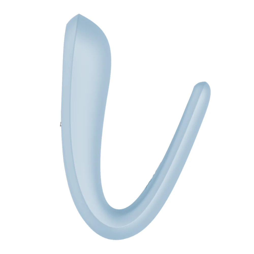 Blue U-shaped Satisfyer Double Classic Vibrator on a white background
