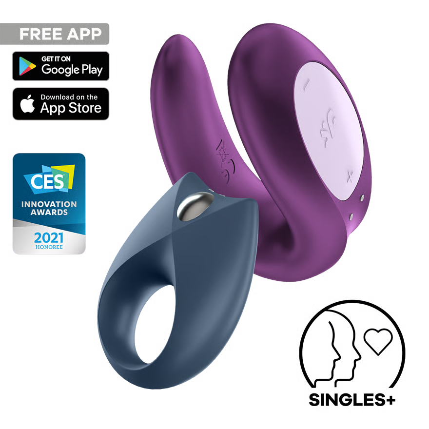 Satisfyer Partner Box 2 Double Joy & Royal One with app icons and branding on a white background