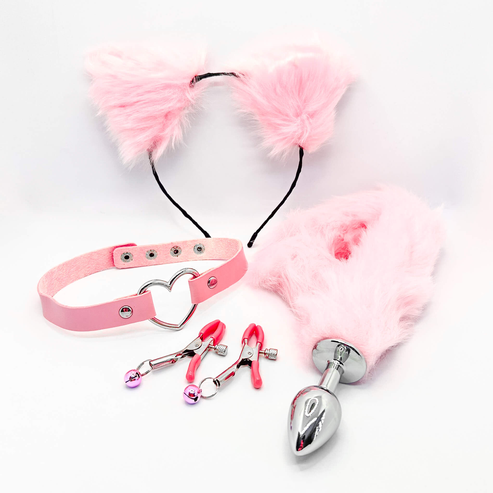 Sexy Fox Tail Butt Plug, Collar, Nipple Clamp and Ears Set Pink