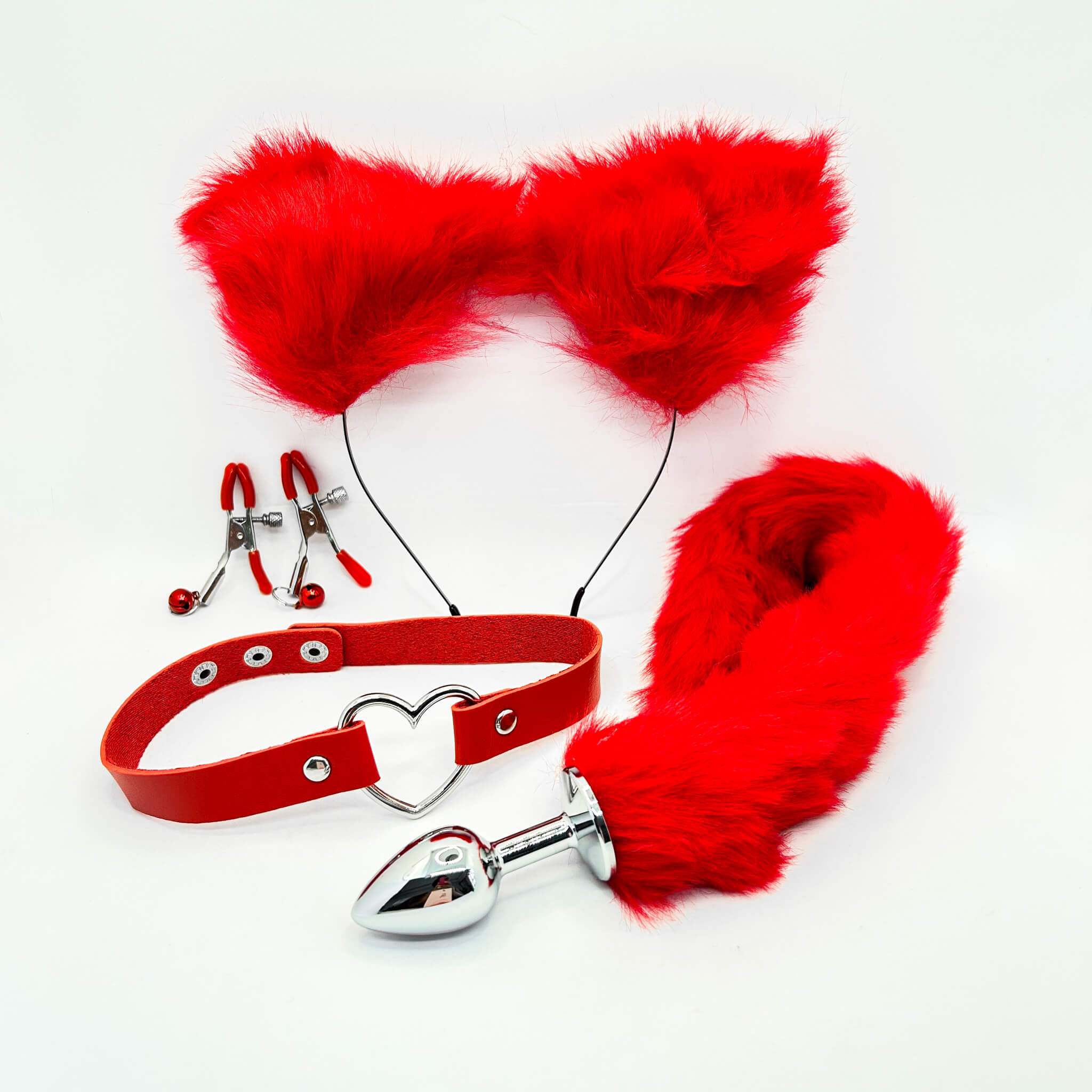 Sexy Fox Tail Butt Plug, Collar, Nipple Clamp and Ears Set red