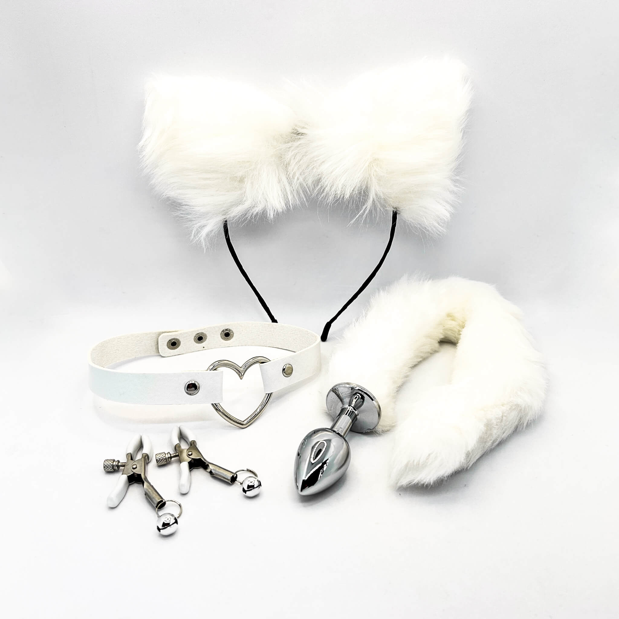 Sexy Fox Tail Butt Plug, Collar, Nipple Clamp and Ears Set white