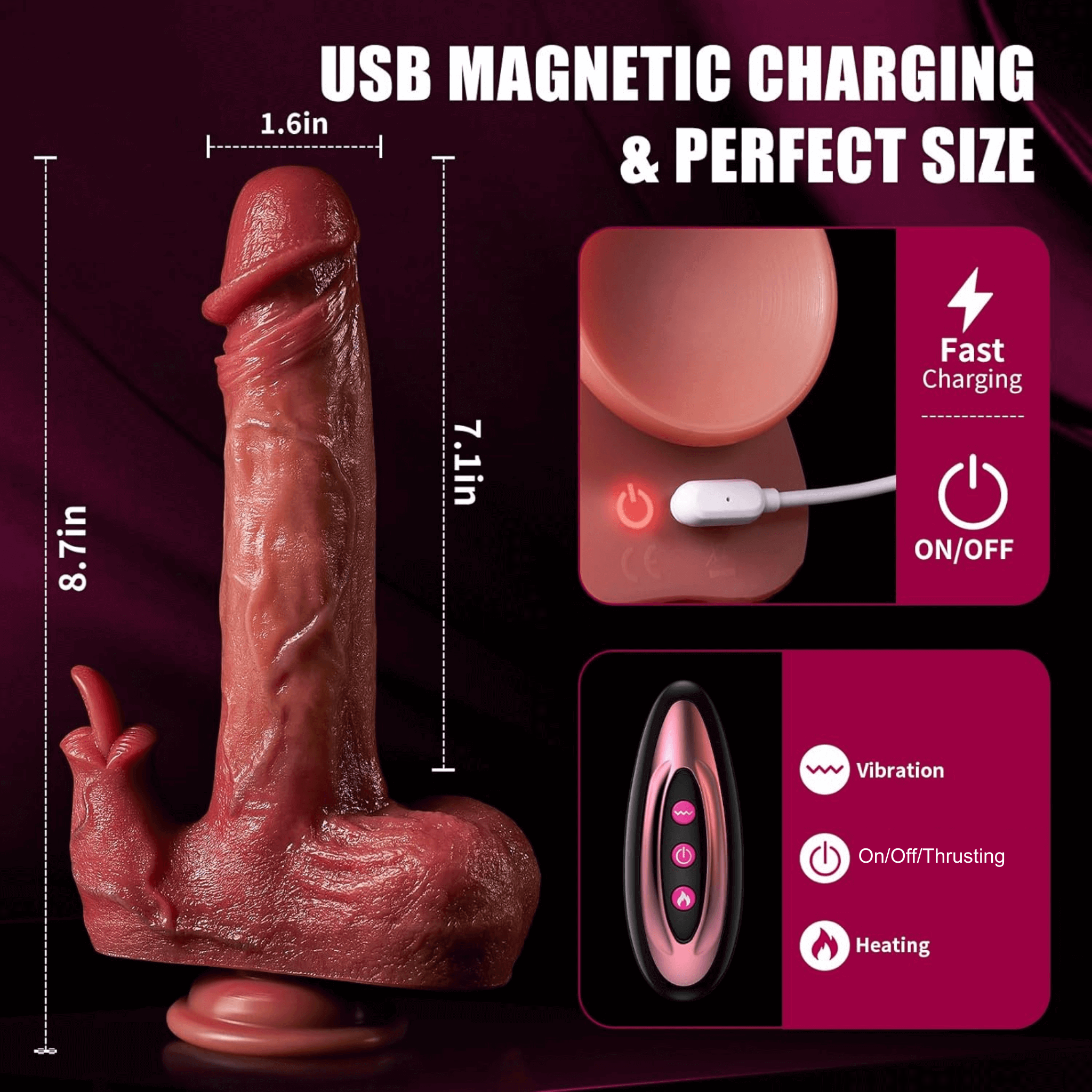 Sexual product with USB charging feature and control panel on a dark background