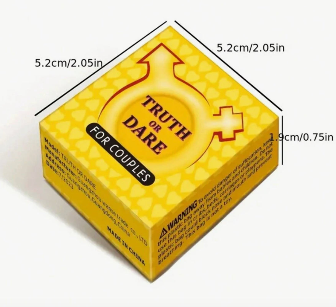 Yellow box labeled 'Truth or Dare for Couples' with dimensions on a white background