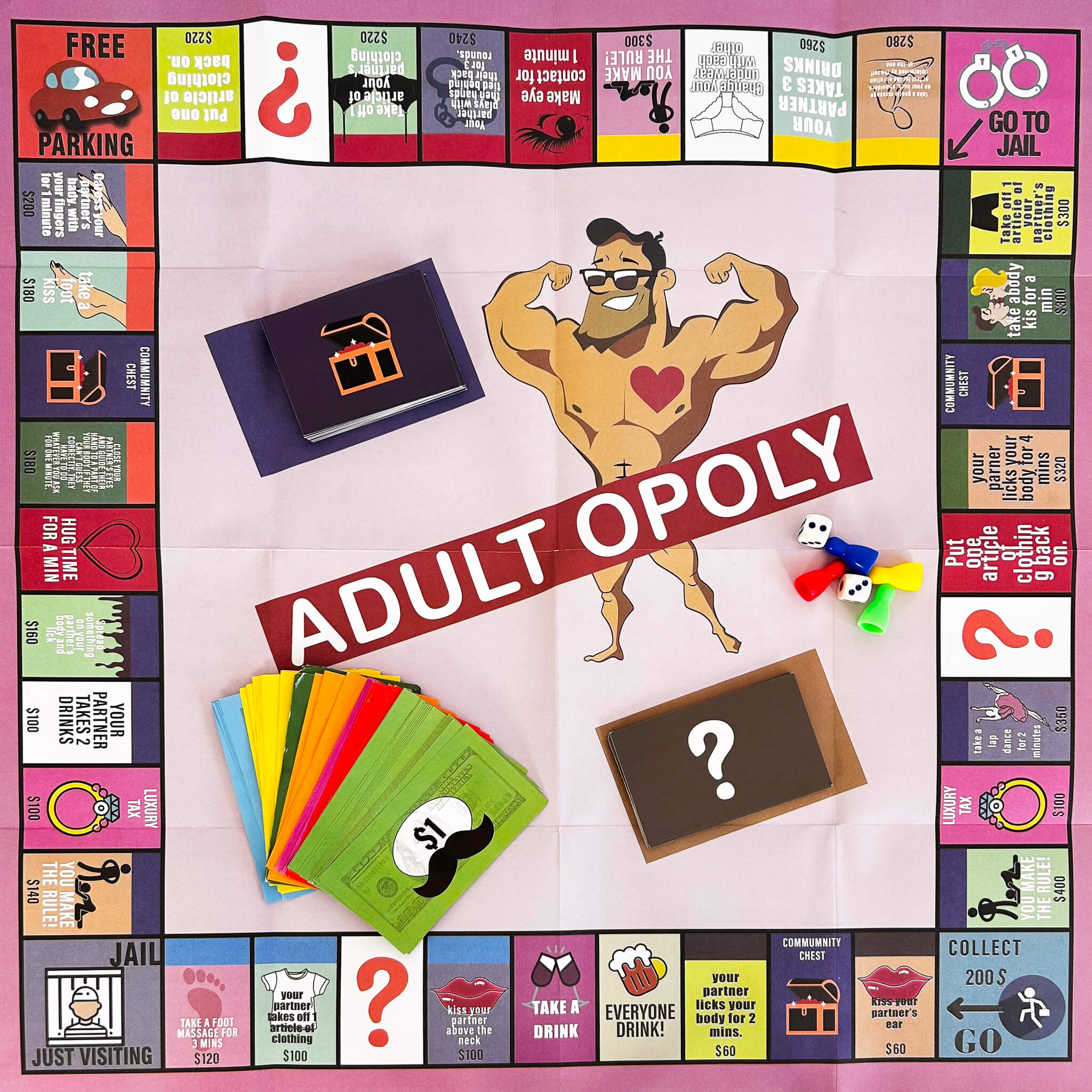 Board game titled 'Adult Opoly' with colorful cards and pieces on a light purple background.