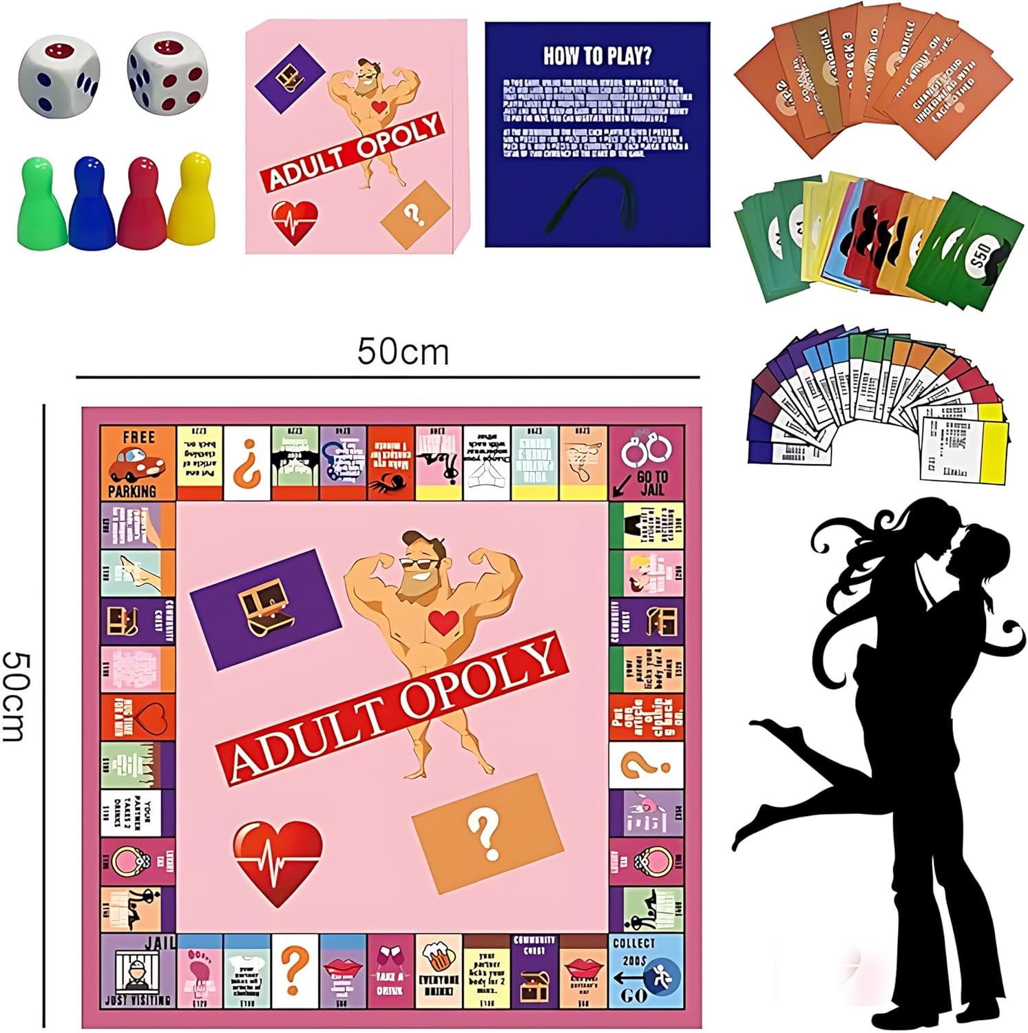Board game components including a pink 'Adult Opoly' board, dice, cards, and pieces on a white background.
