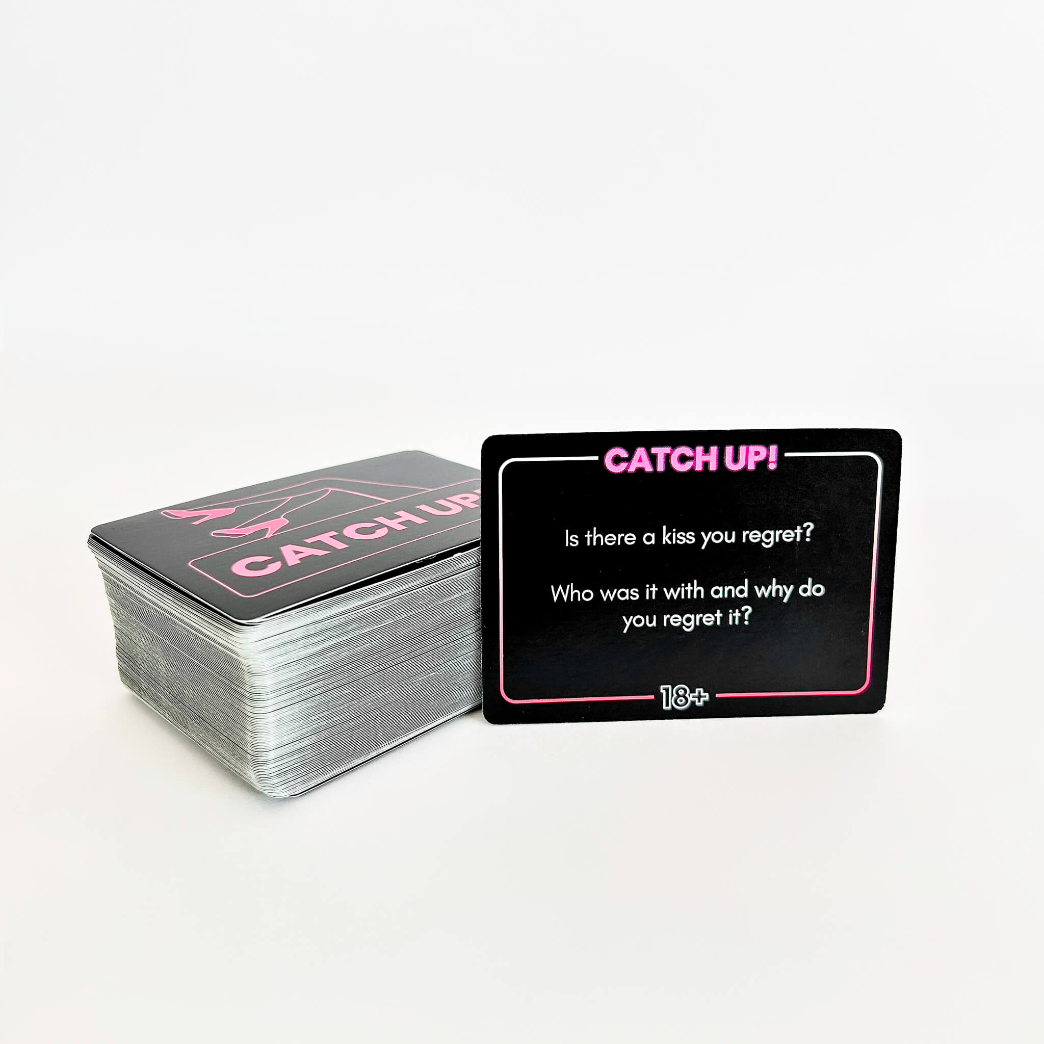 Stack of cards with 'CATCH UP!' question prompts on a white background