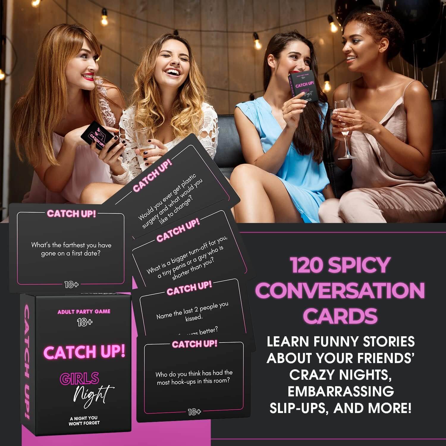 Four women playing a card game with 'Catch Up!' cards and product packaging.