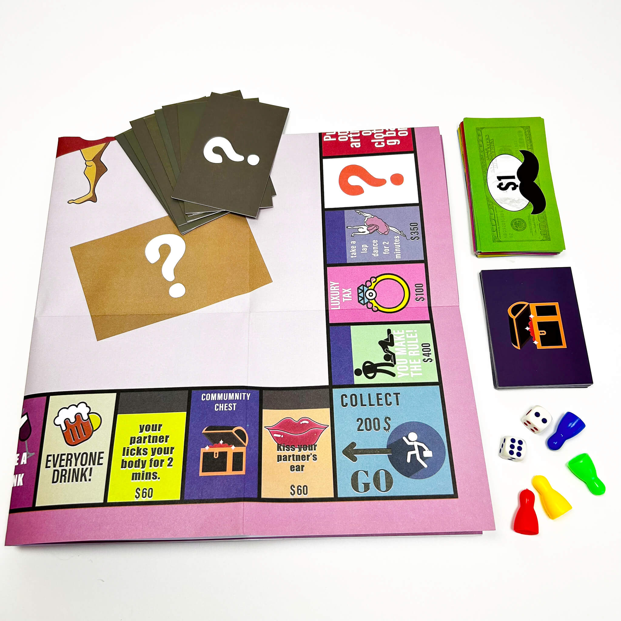 couple adultopoly board with cards and pieces on a white background