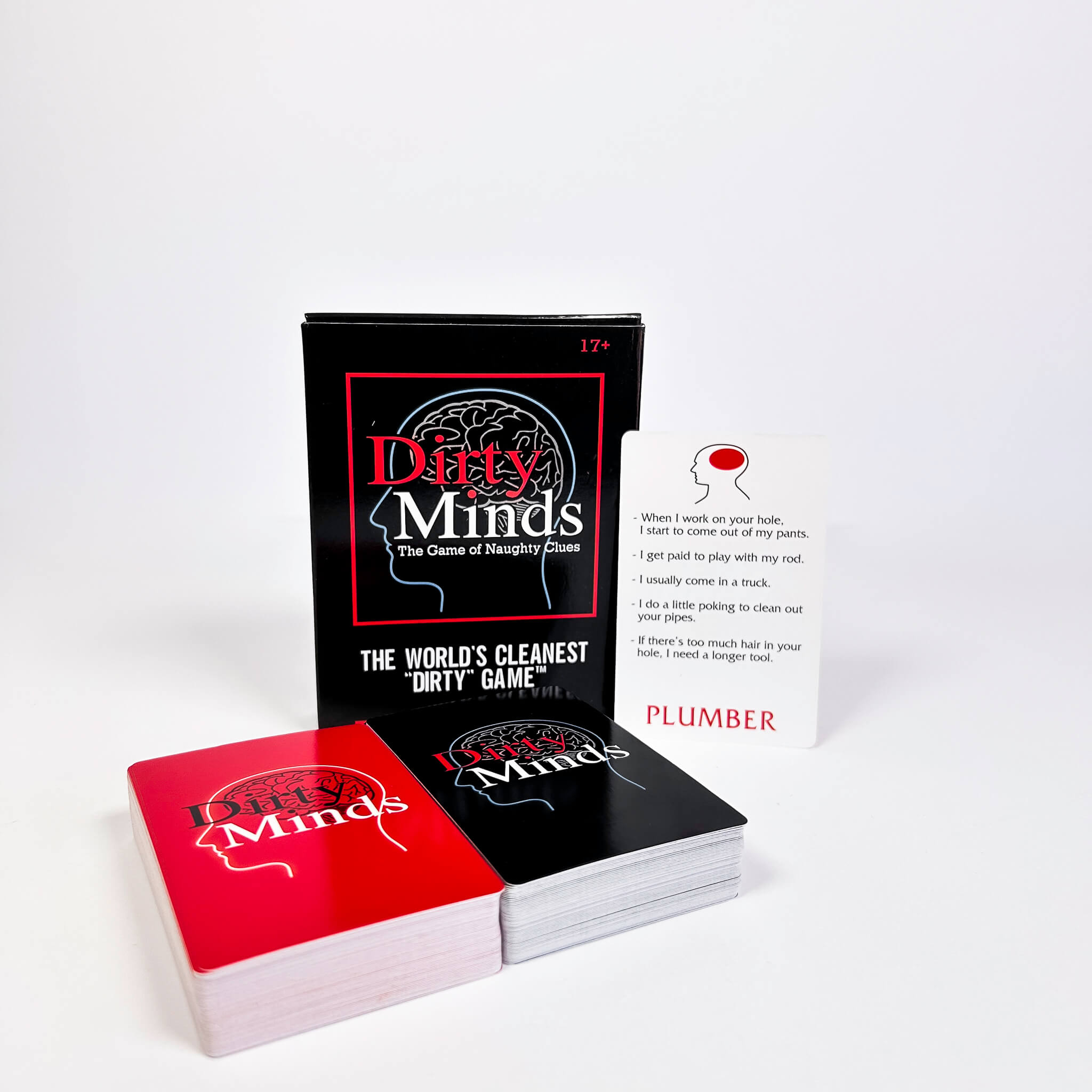 Card game 'Dirty Minds' with packaging and cards on a white background