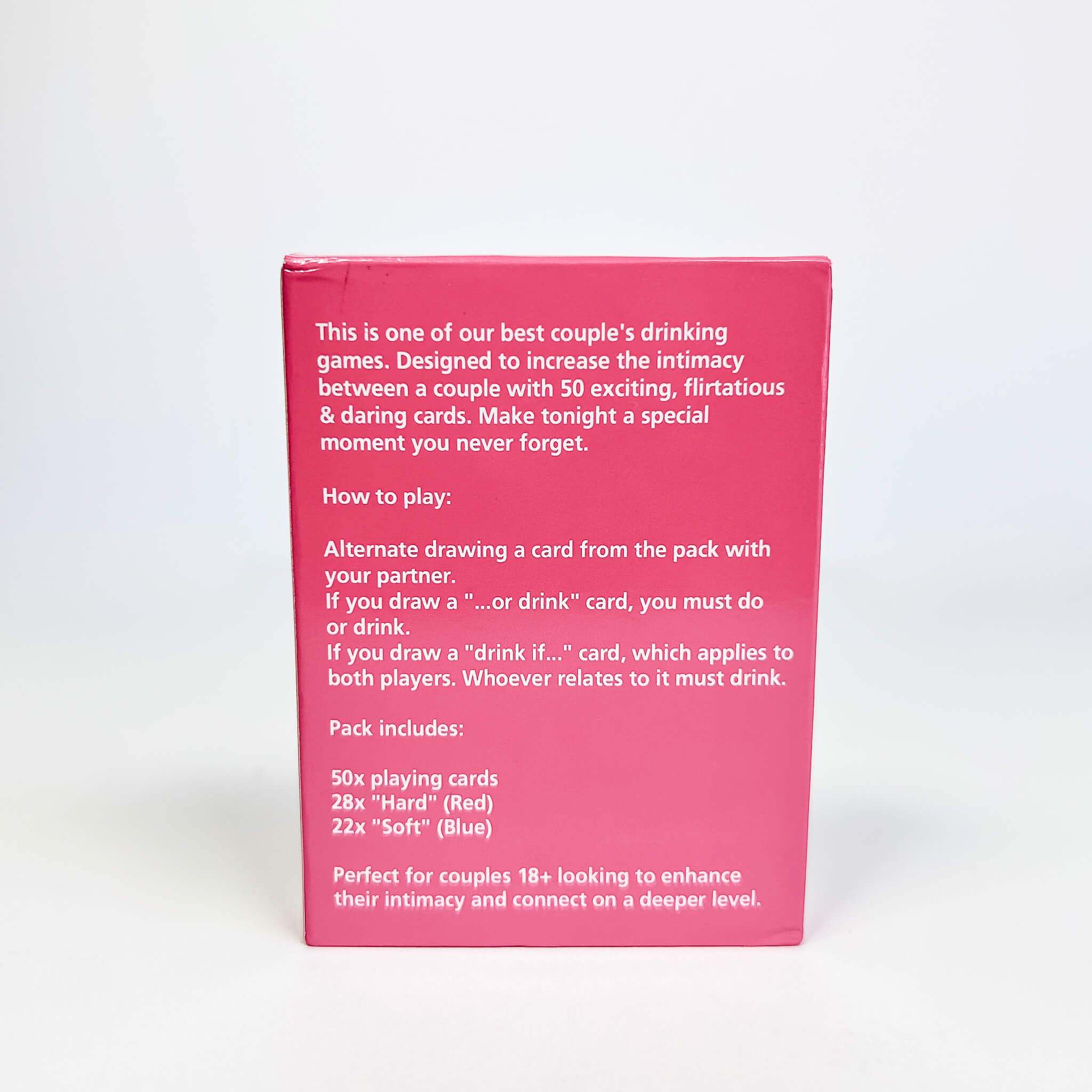 Pink excited and exhausted card game box with text on a white background