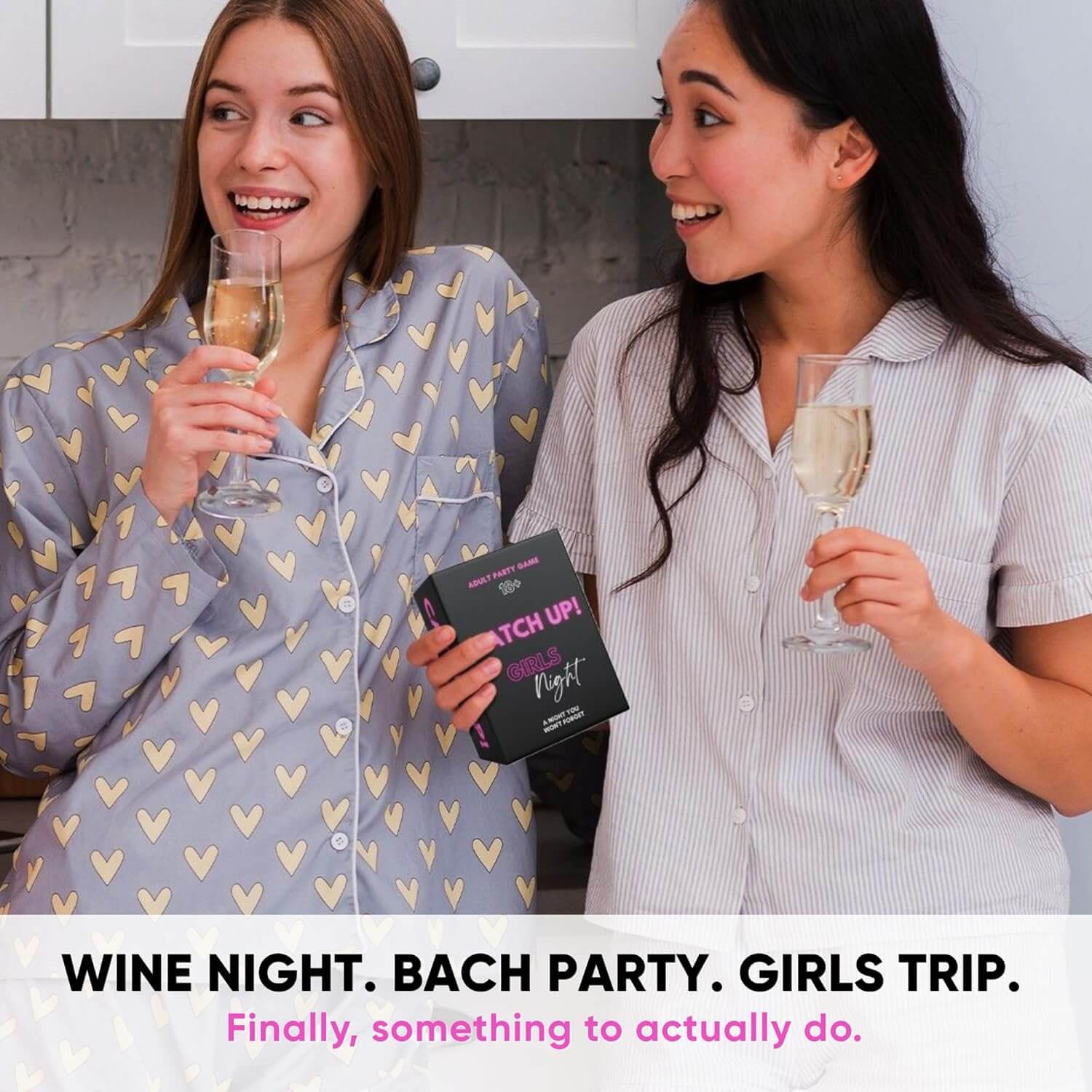 Two women in pajamas holding wine glasses and a book, with text about wine night and girls trips.