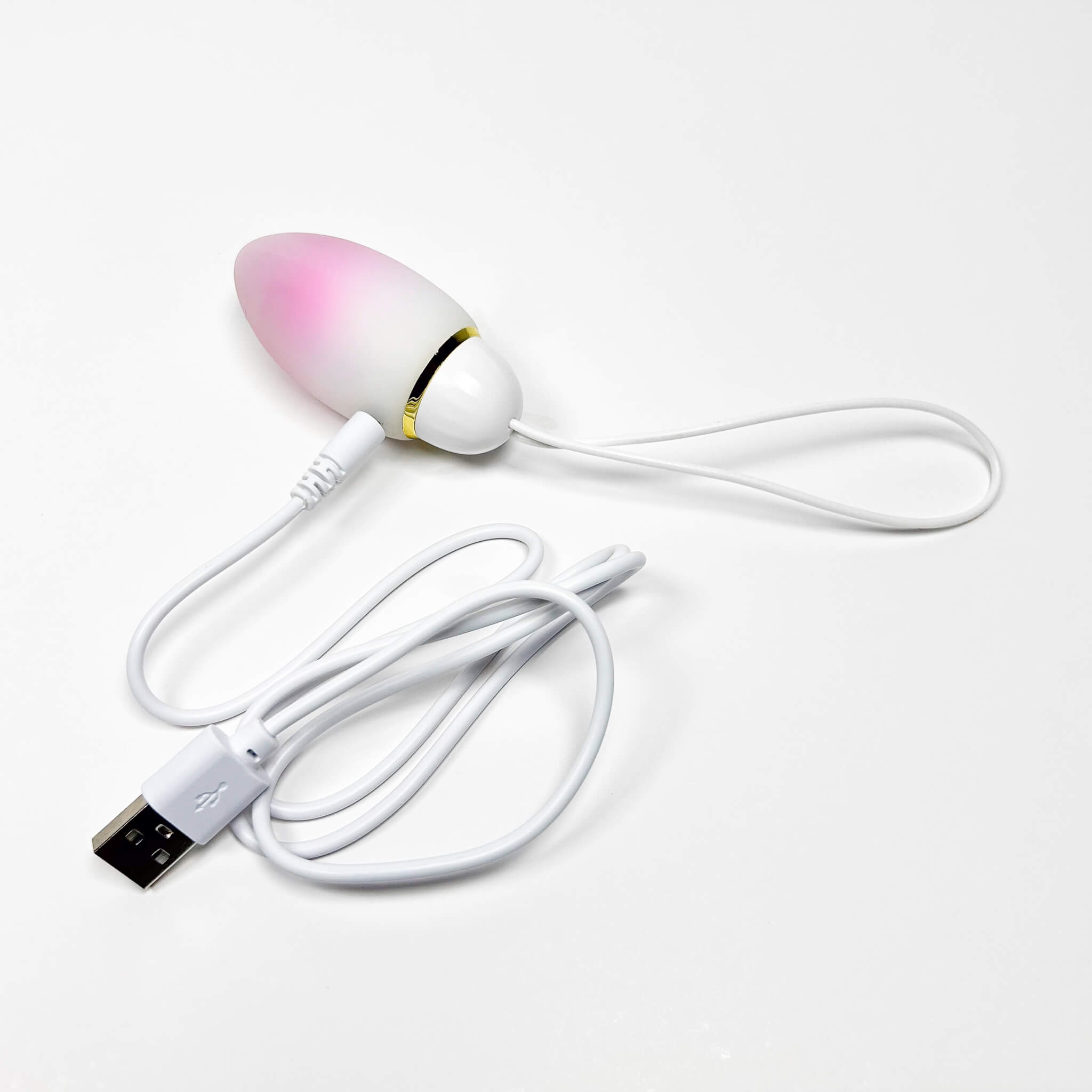 jumping egg vibrator sex toy with pink top and USB cable on a white background