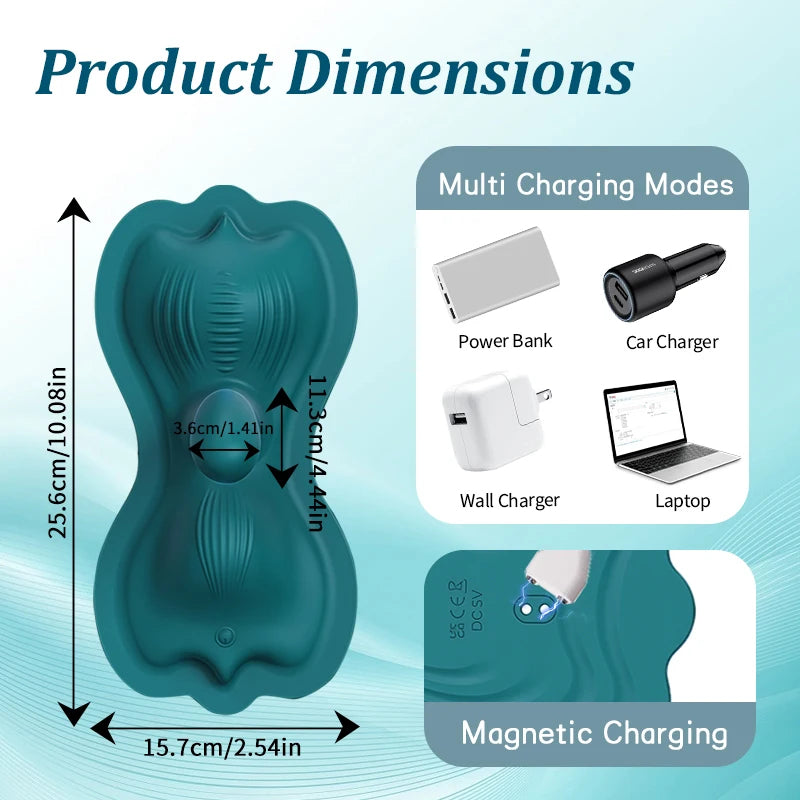 Product dimensions of a riding vibrator with charging modes and features on a blue background