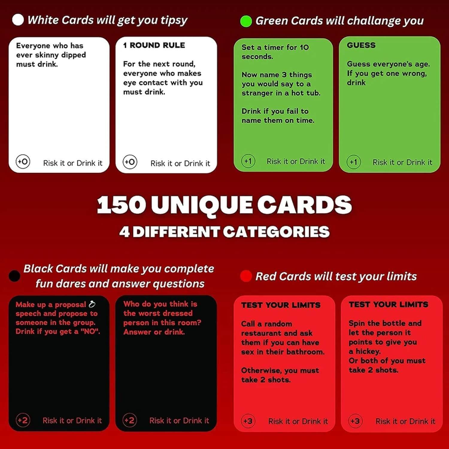 Set of risk it or drink it cards with rules and challenges on a red background