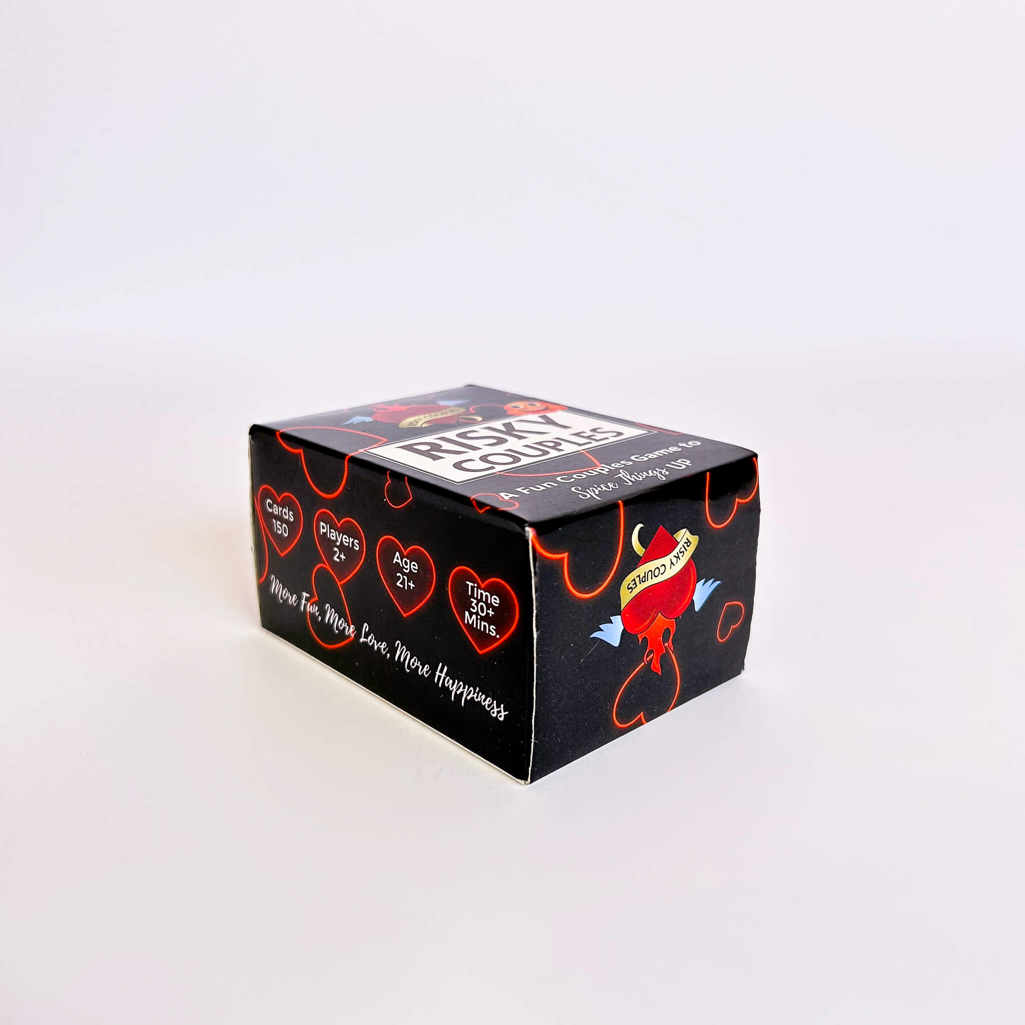 Black risky couples box with colorful designs and text on a white background