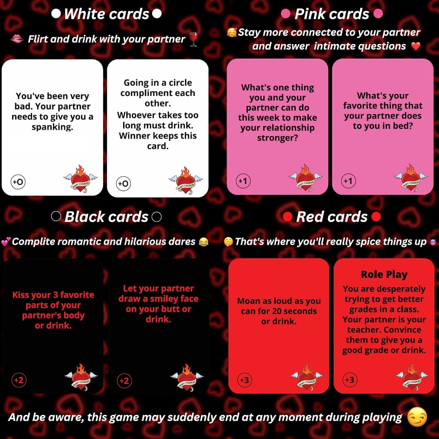 risky couples games with different colored cards labeled 'White', 'Pink', 'Black', and 'Red' on a red and black patterned background.