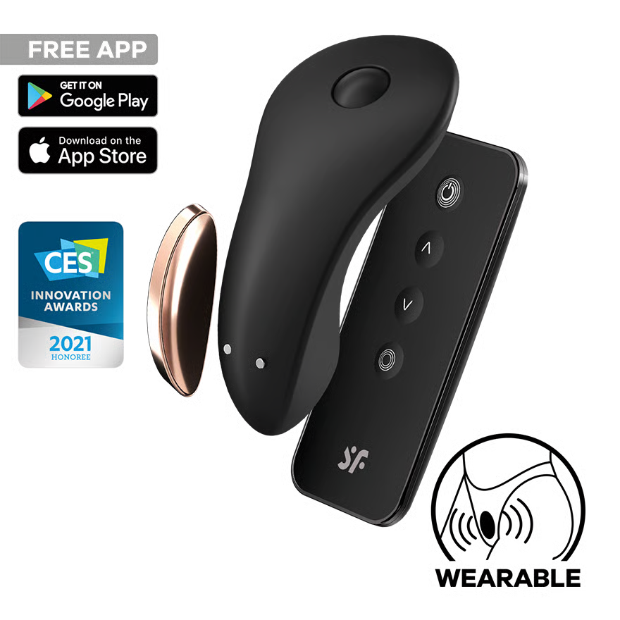 Satisfyer Little Secret Panty Vibrator with app store and CES innovation award logos on a white background