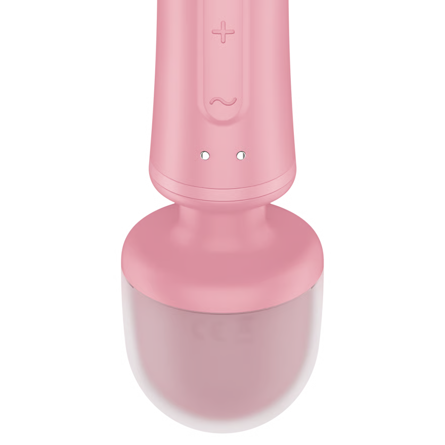 Pink electronic Satisfyer Triple Lover with a clear base on a white background