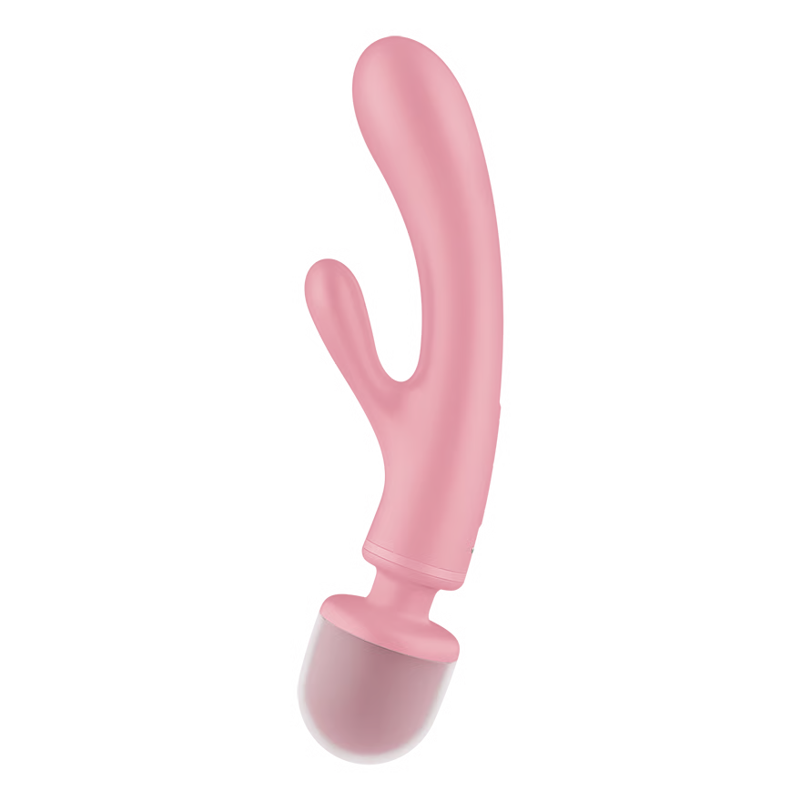 Pink silicone Satisfyer Triple Lover on a white background