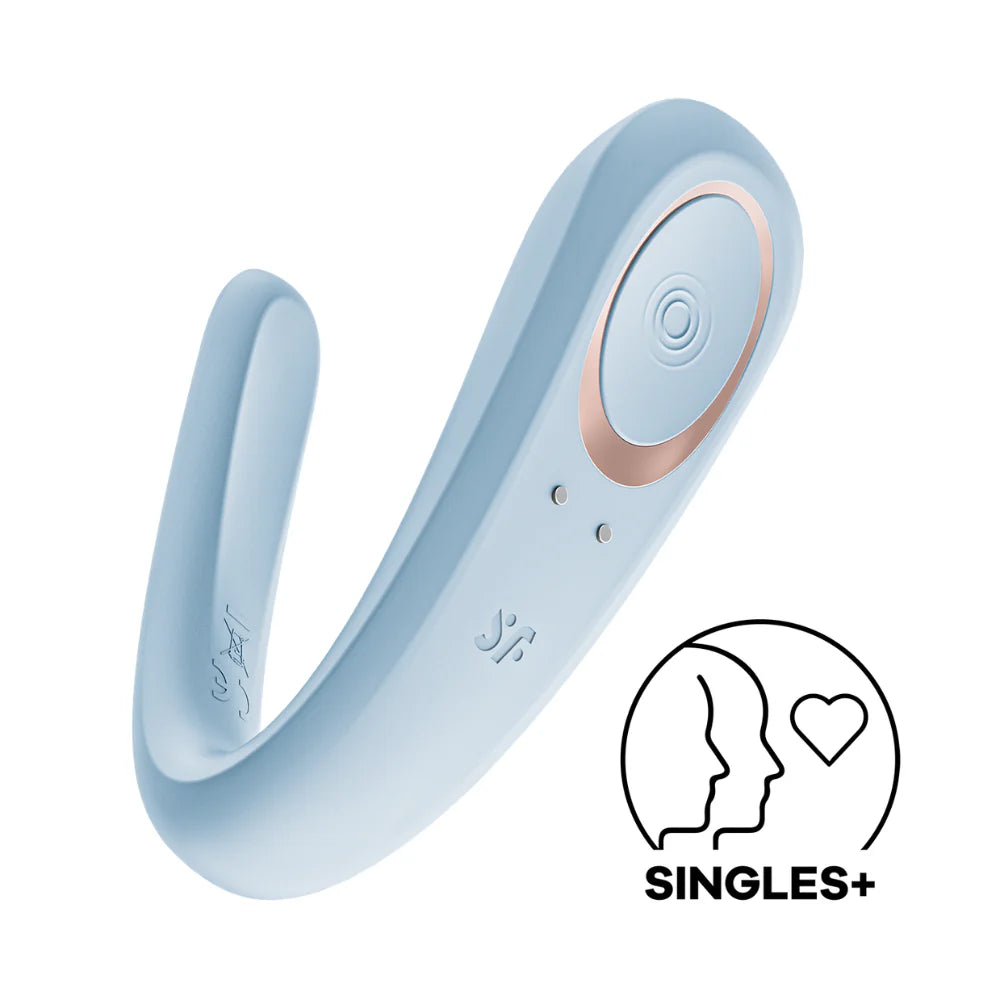 Blue U-shaped satisfyer vibrator with a circular component on a white background, featuring the 'Singles+' logo.