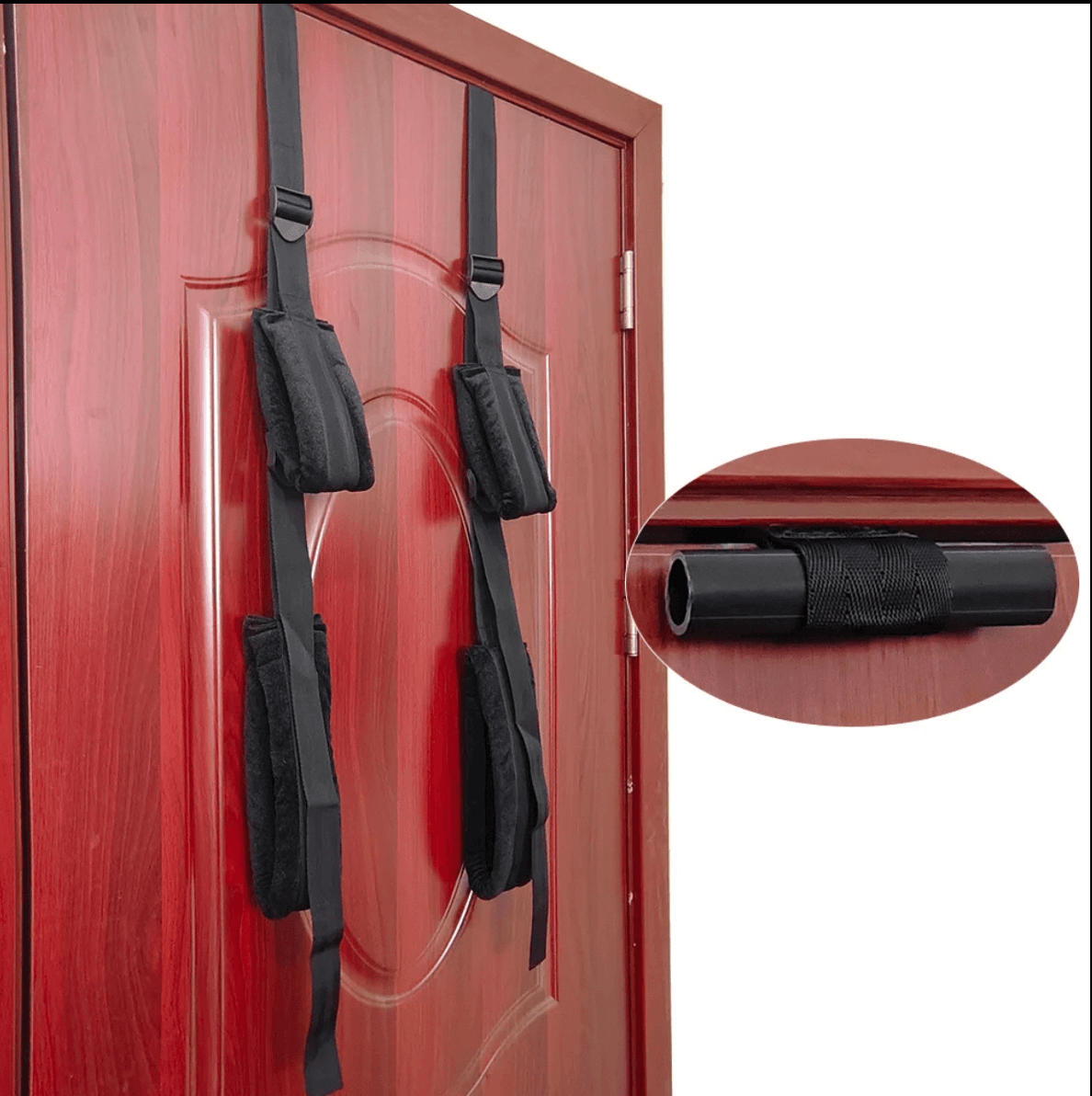 Black door sex swing on a red door with a close-up inset showing the strap's design.