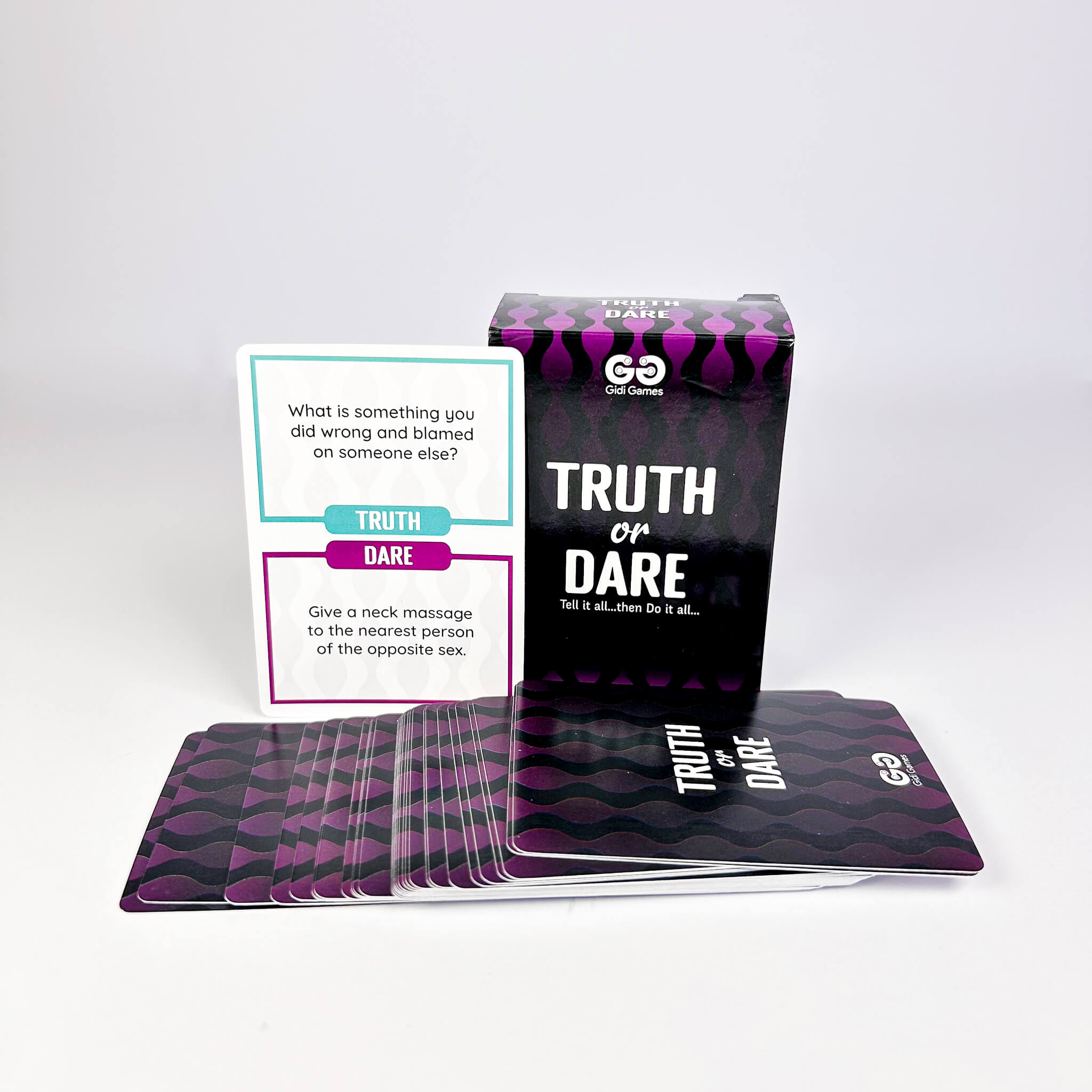 Truth or Dare card game packaging with cards displayed on a white background
