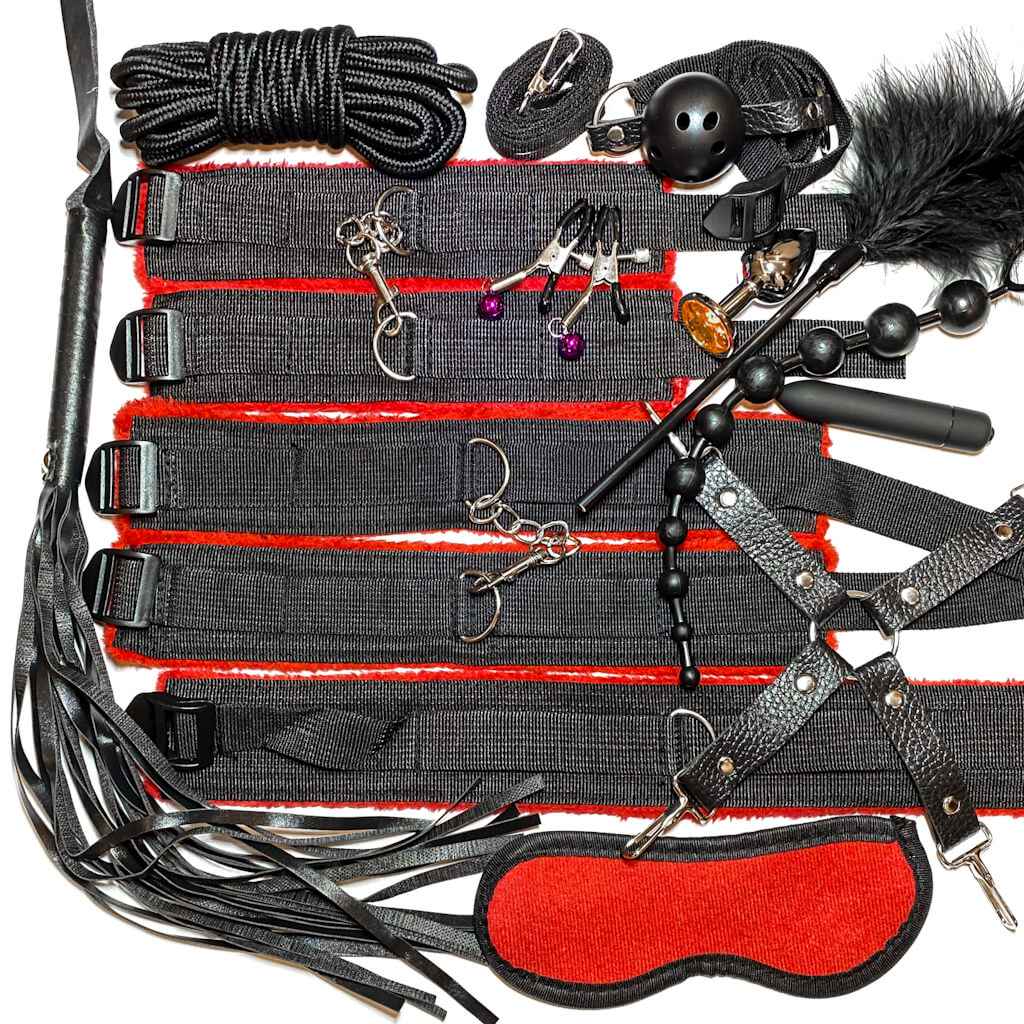 Nylon 13-piece BDSM Starter Kit - Red & Black