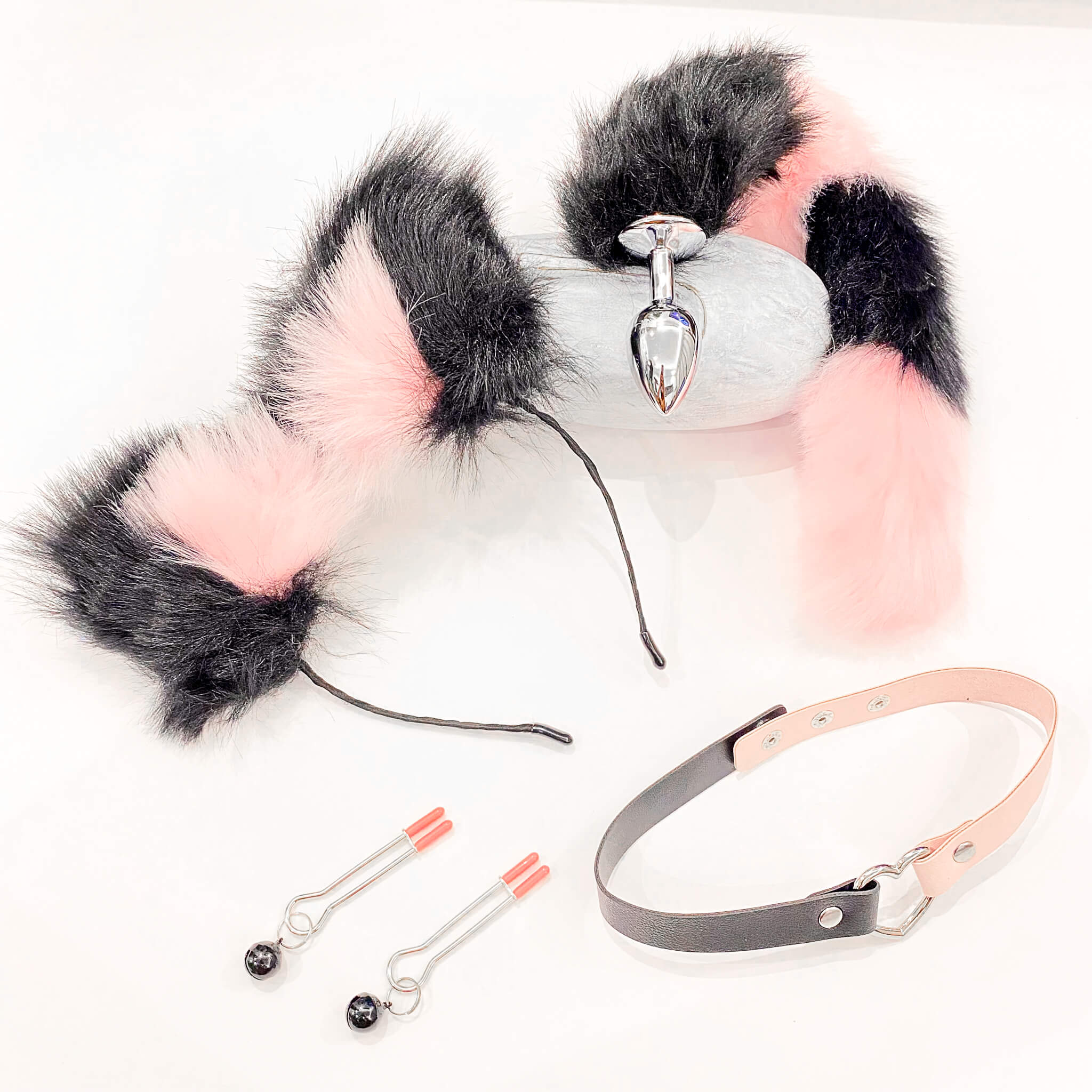 black and pink tail butt plug, collar, nipple clamps and ears set