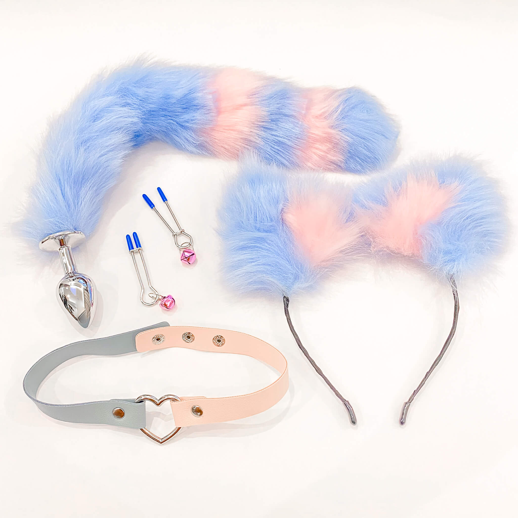 Blue and pink tail butt plug, collar, nipple clamps and ears set