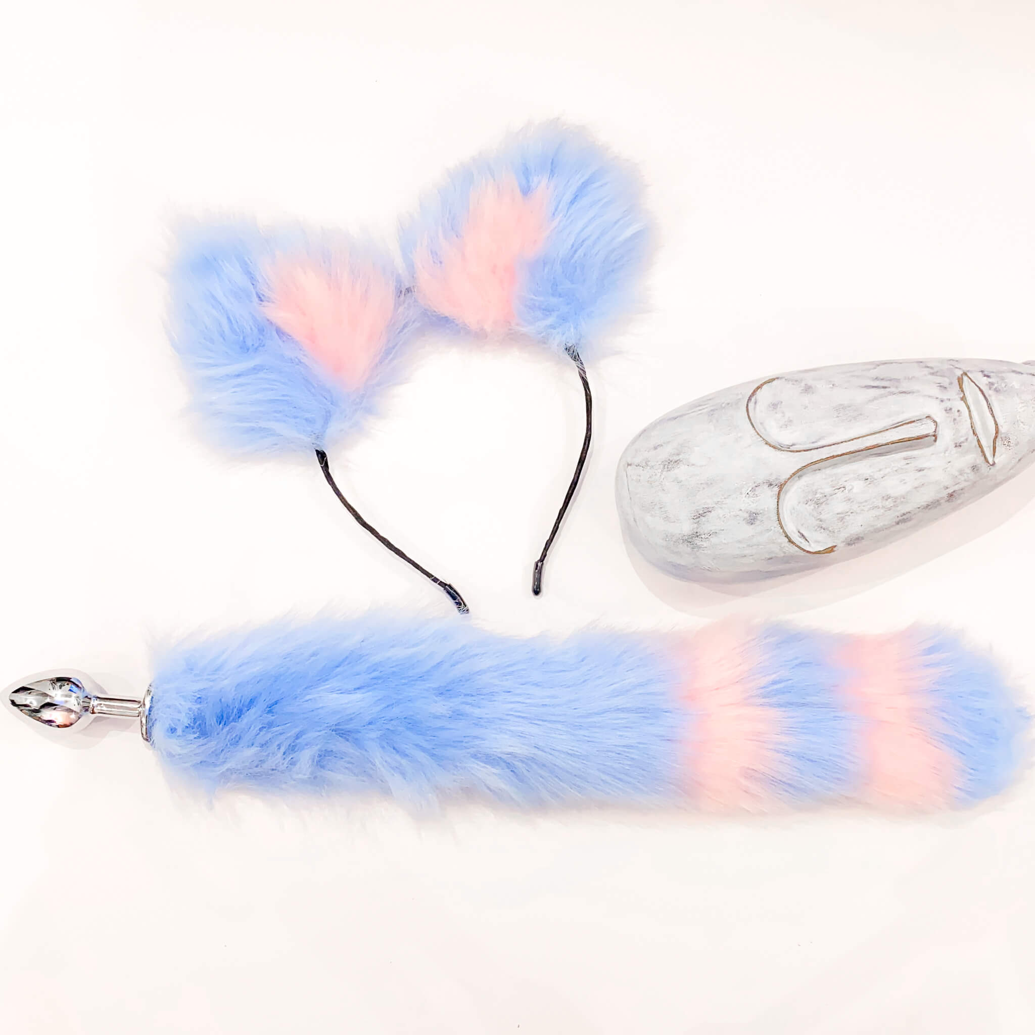 blue and pink  fox tail and ears set