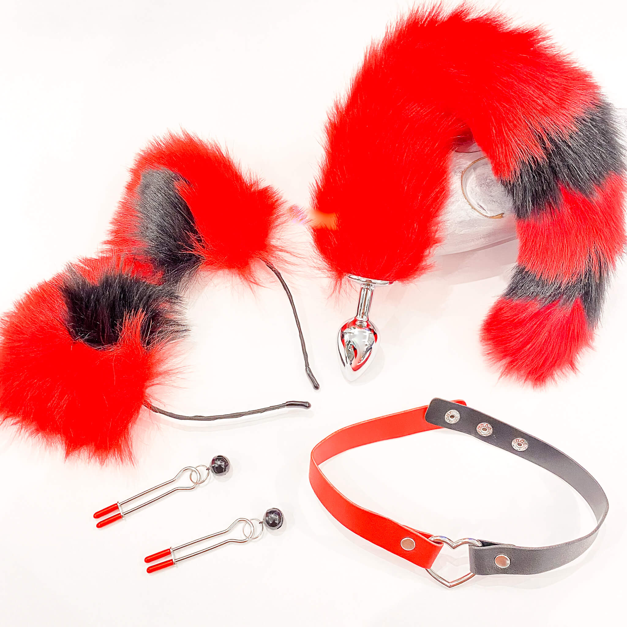 black and red tail butt plug, collar, nipple clamps and ears set