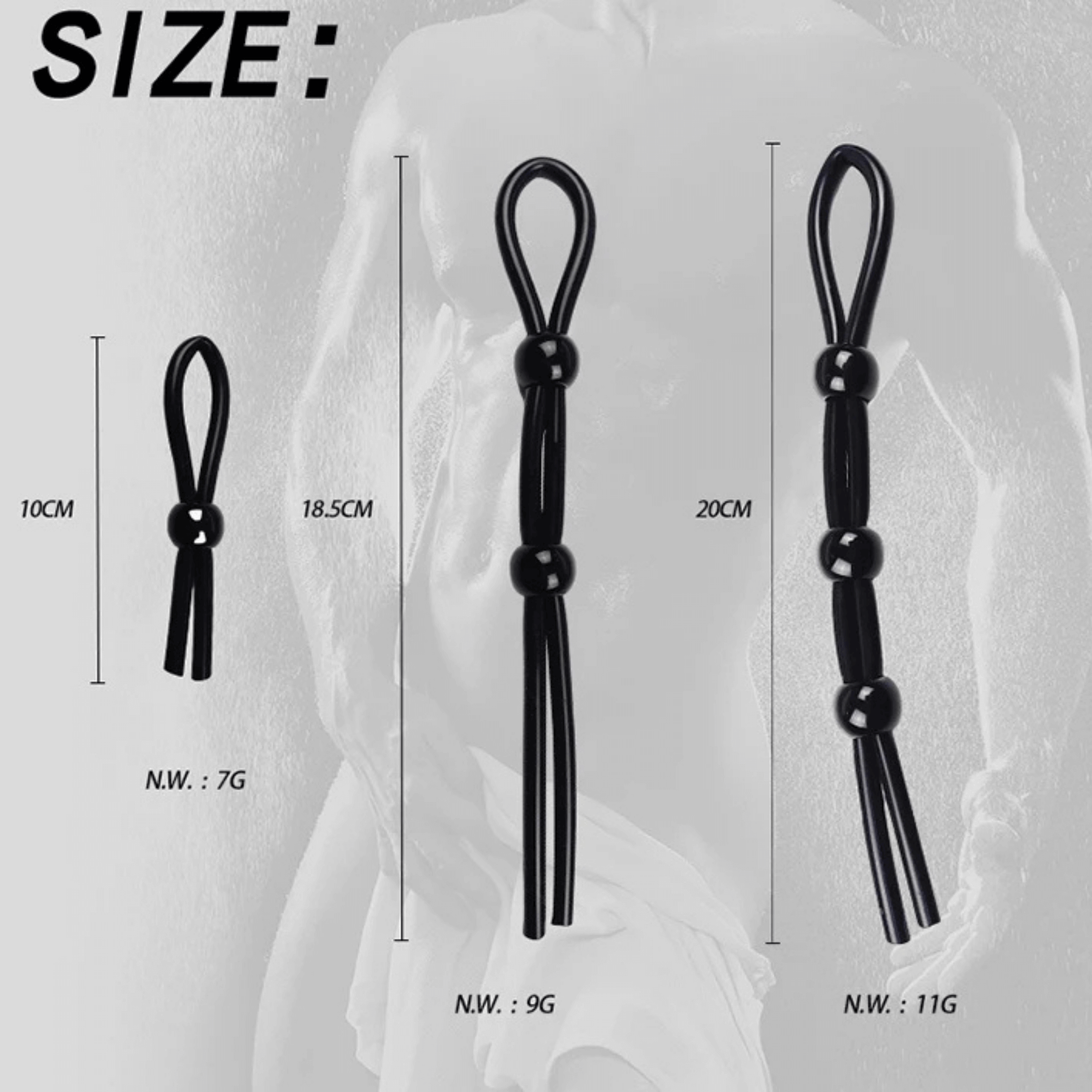 Black loop cock ring with measurements and weight labels on a white background