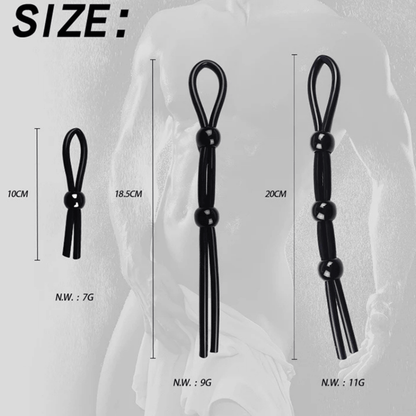 Black loop cock ring with measurements and weight labels on a white background