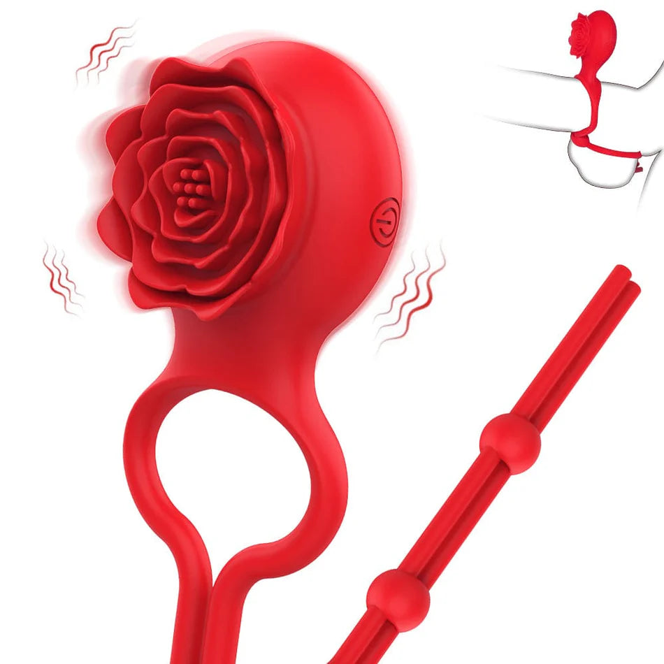 Red silicone RoseFit Adjustable Vibrating Cock Ring for Couples with rose design on a white background