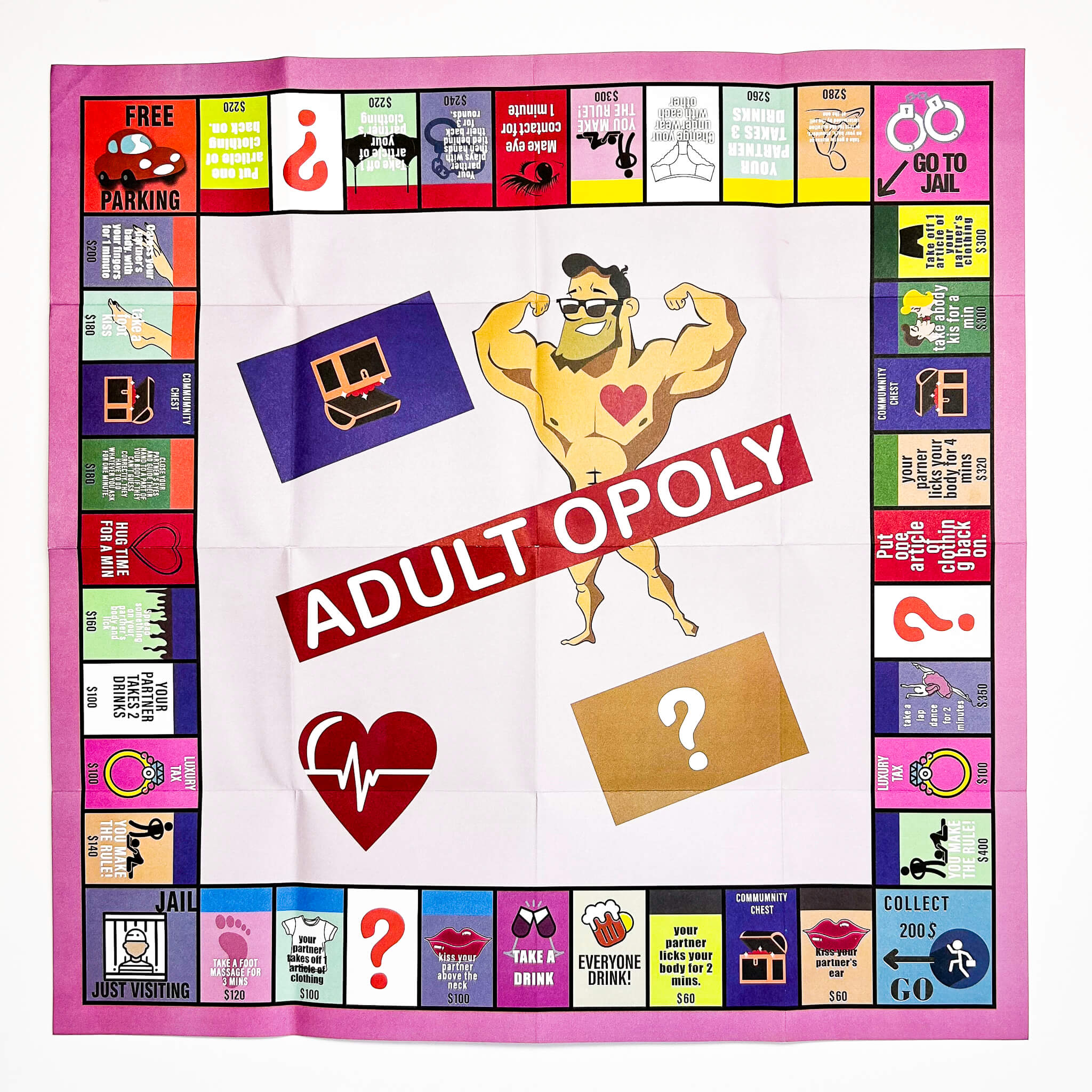 Board game cover titled 'Adult Opoly' with a muscular figure and colorful design.