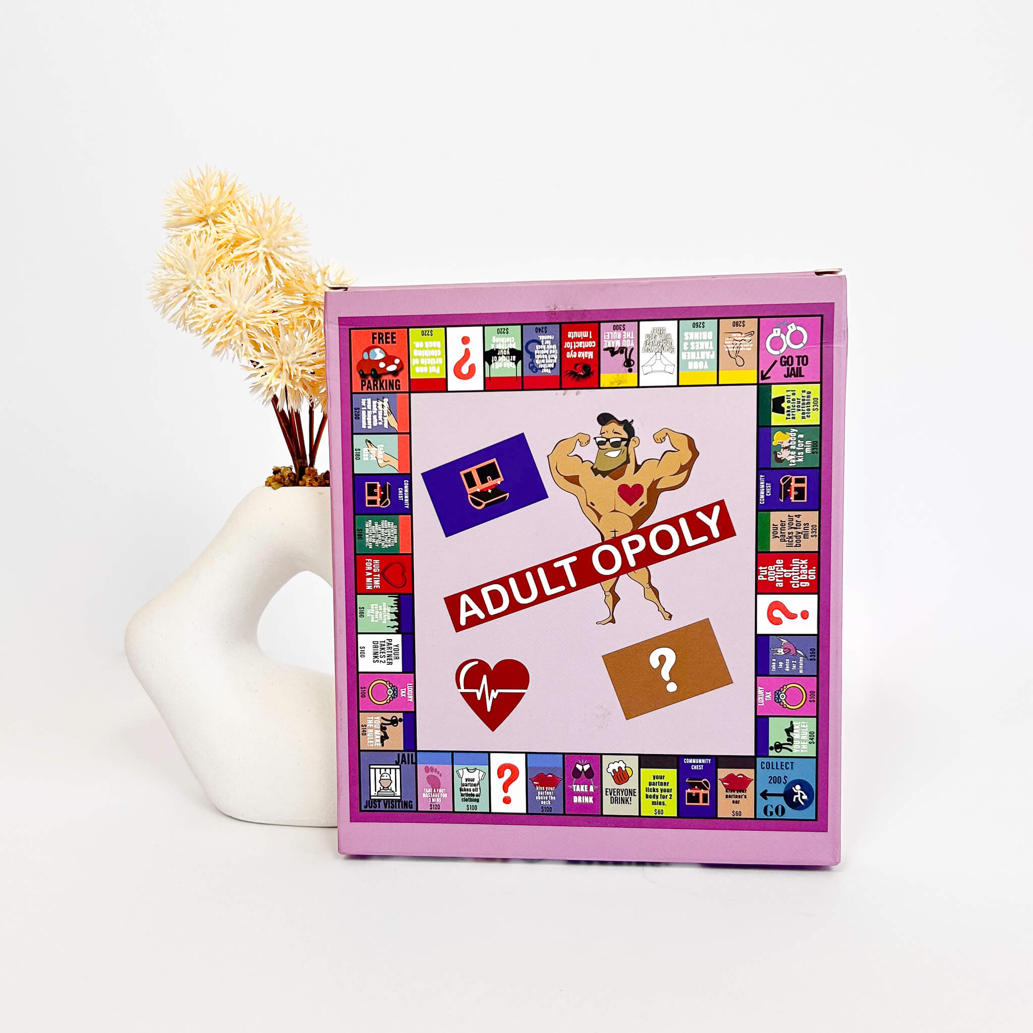 Board game box titled 'Adult Opoly' with colorful design on a white background