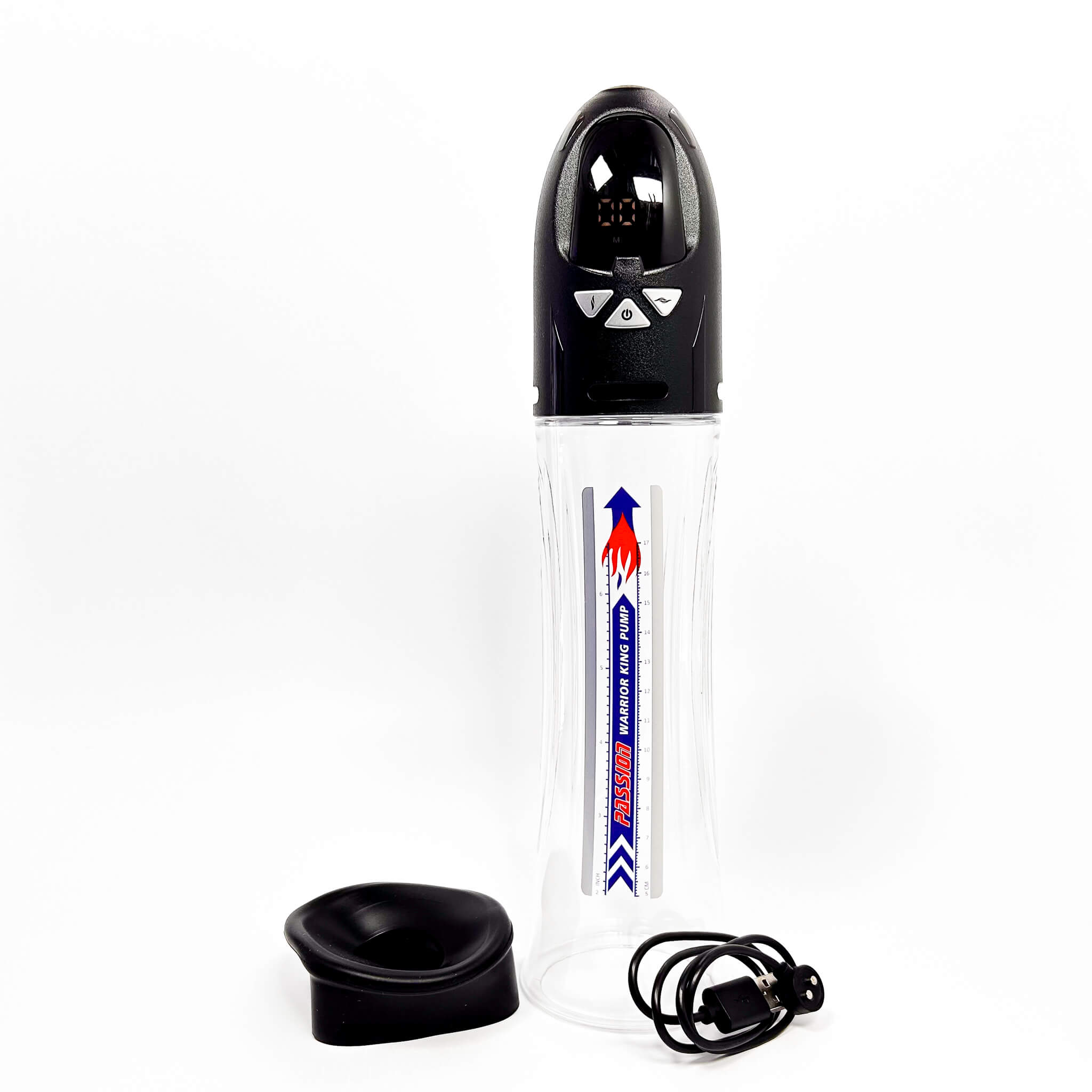 AquaRise Waterproof Electric Penis Pump with black cap and additional black components on a white background