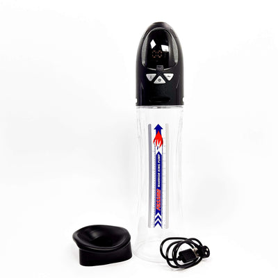 AquaRise Waterproof Electric Penis Pump with black cap and additional black components on a white background