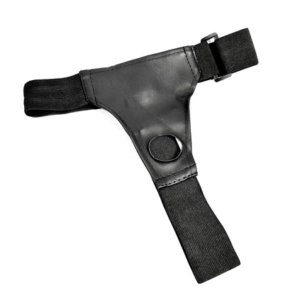 Black dildo harness with belt on a white background
