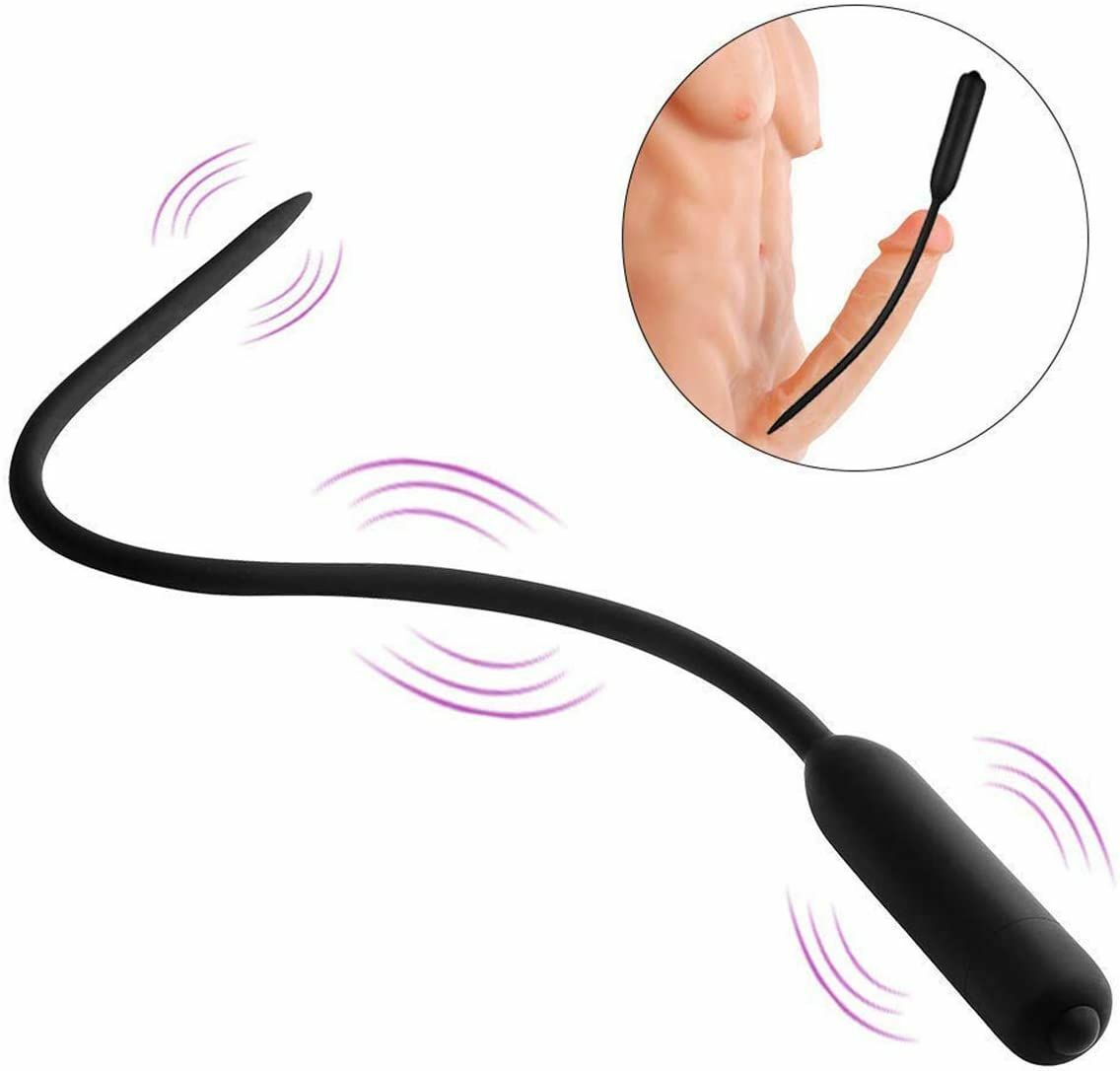 Black Long Silicone Urethral Vibrator Plug on a white background