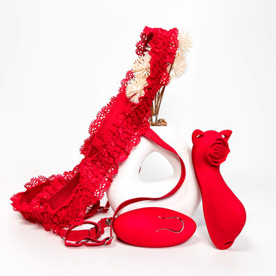 Red lace lingerie set with Charming Fox Remote Control Panty Vibrator on a white background