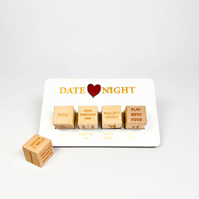 Set of wooden dice with date night activities on a white card with 'Date Night' text.