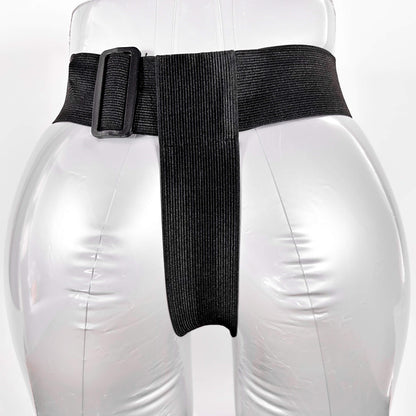 Black belt harness with a buckle on a white background
