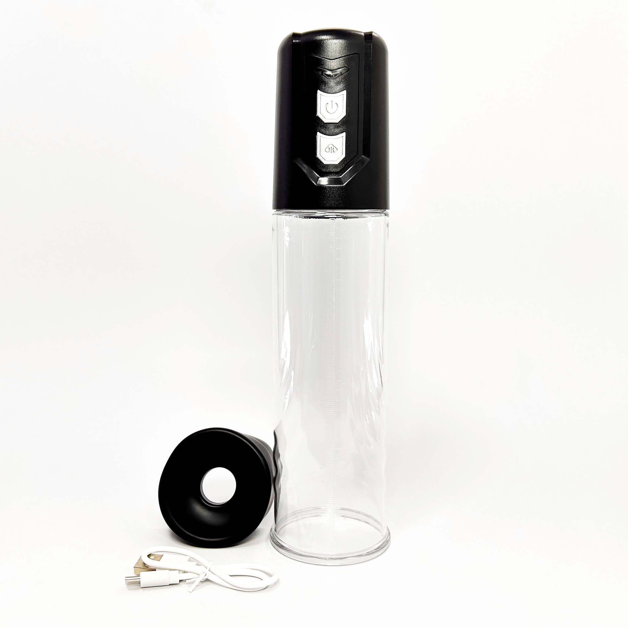 Erect Rechargeable Automatic ED Vacuum Pump with black cap and base on a white background