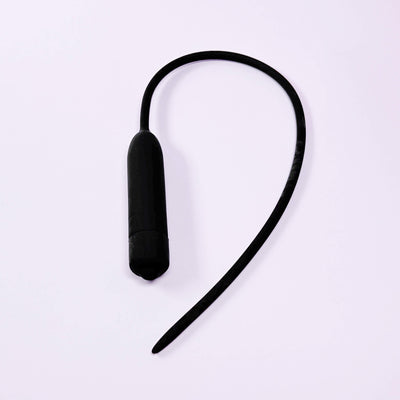 Black Extra Long Silicone Urethral Vibrator Plug on a white background