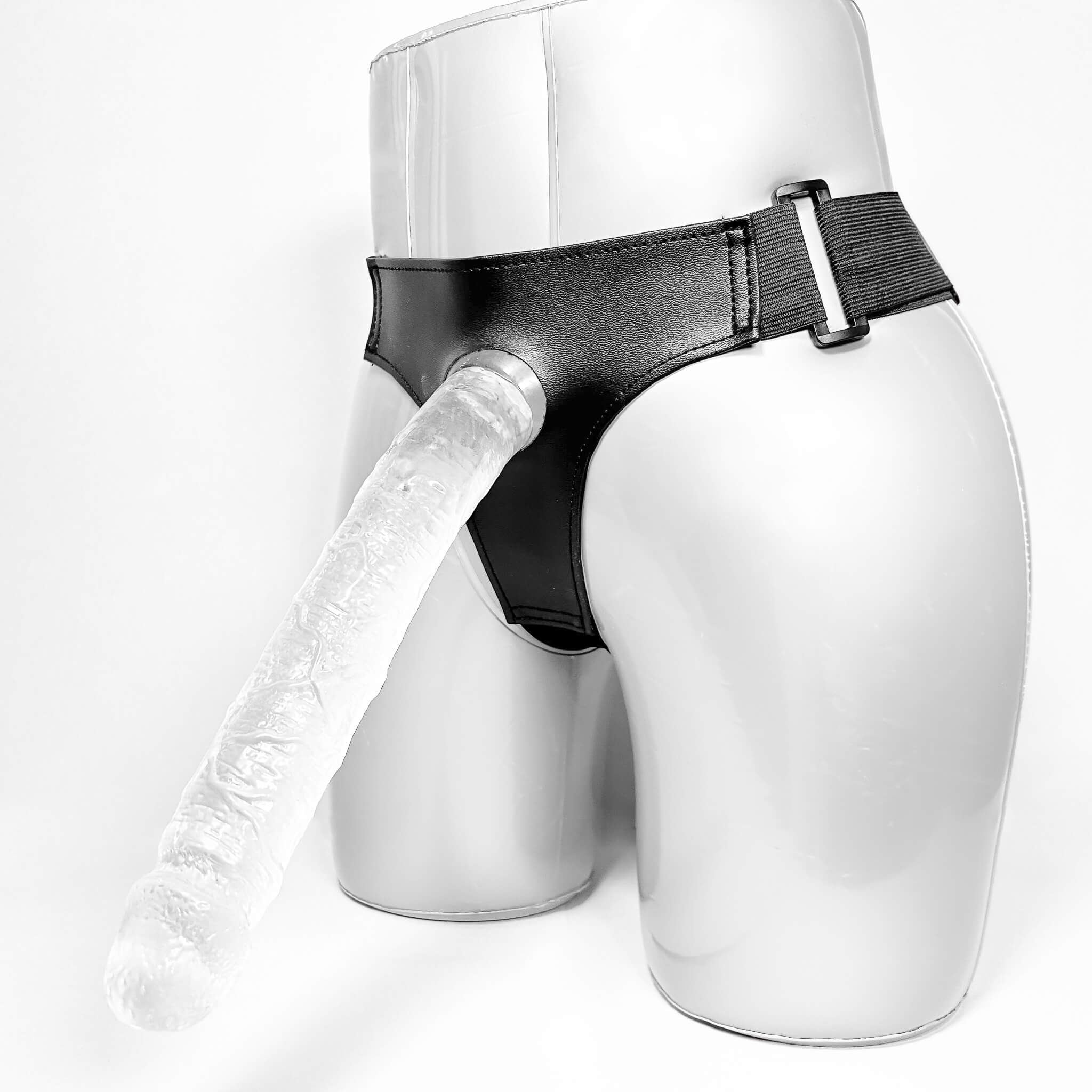White mannequin wearing a Extra Long Strap-On Dildo Harness Kit (25cm) on a white background