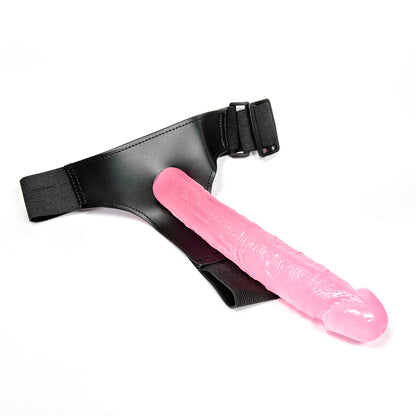 strap on harness with a pink soft dildo on a white background