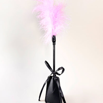 Black feather duster with pink feathers on a white background